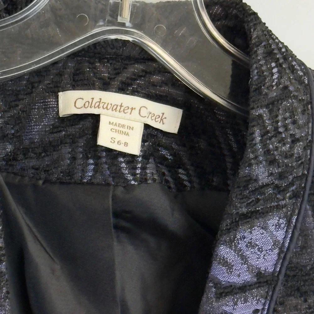 Coldwater Creek Womens Navy Blue Black Paisley Brocade Open‎ Front Jacket S 6-8
